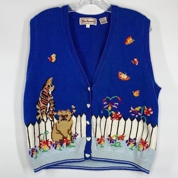 Vintage Bechamel Cat & Butterfly Blue Sweater Vest Large - Picture 1 of 8